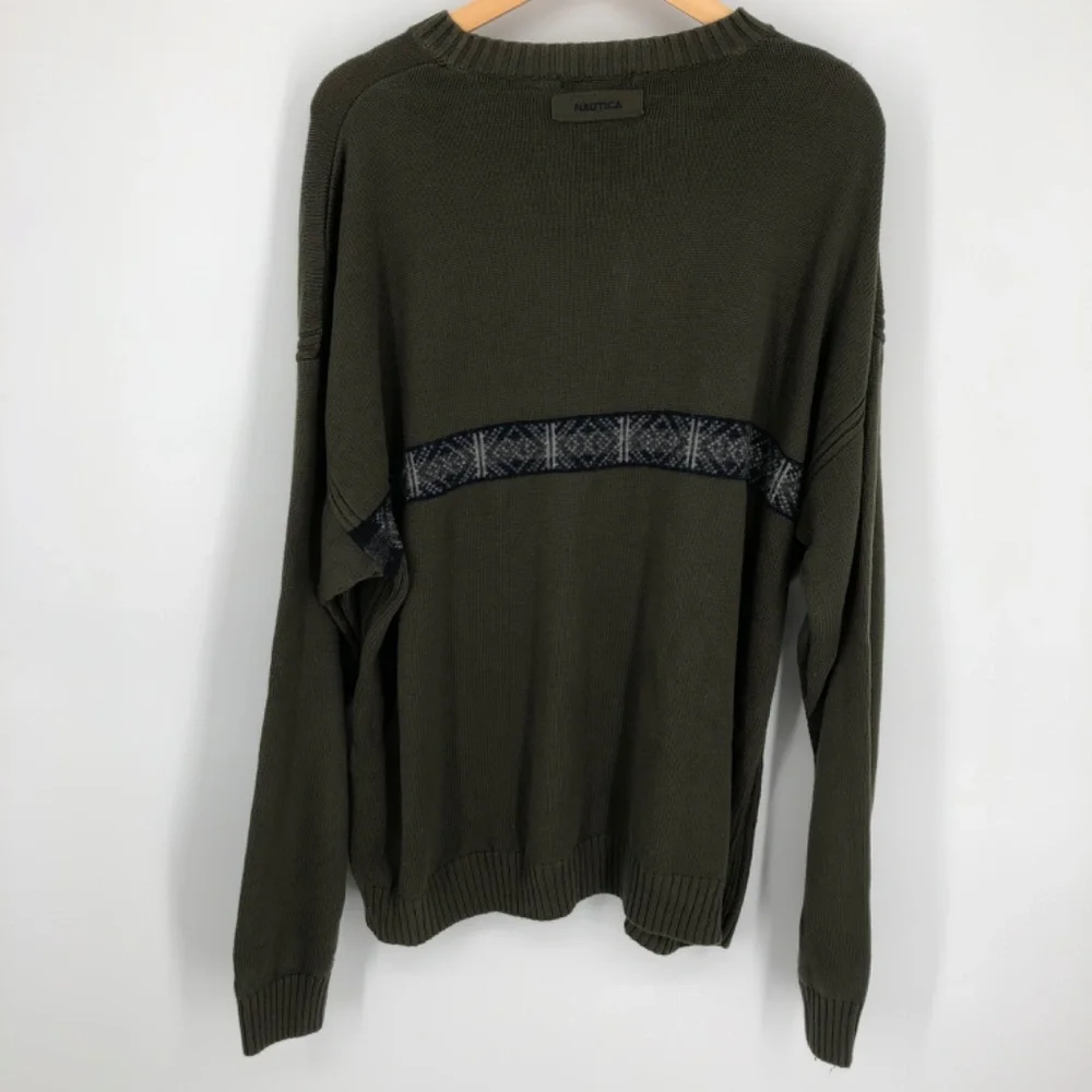 Nautica Mens Sweater Size XXL Green Olive Nordic Fair Isle‎ Cotton Wool Pullover